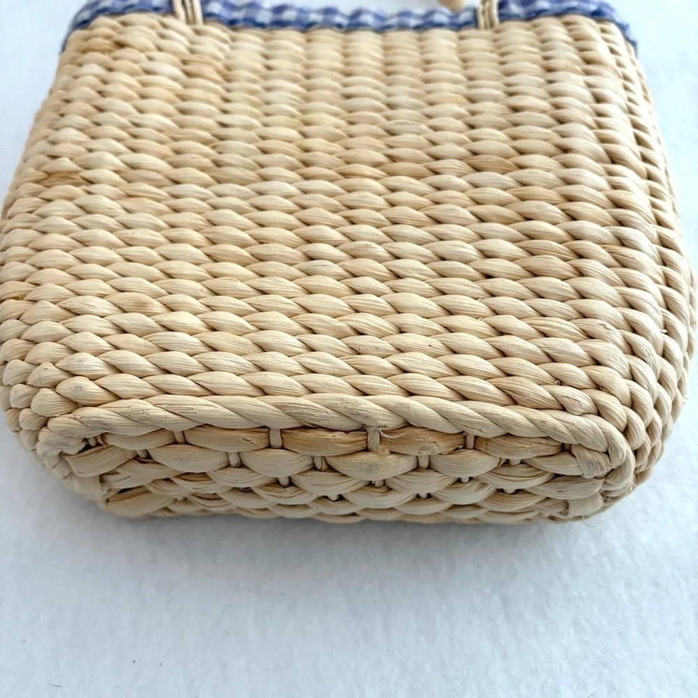 Vintage Patch Knit Pink + Purple Heart Gingham Straw Mini Bag Purse Tote - Picture 5 of 5